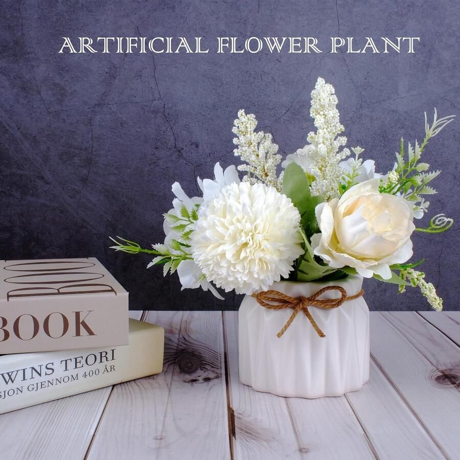 Kunstbloemen in pot kleine keramische vaas nepbloemplanten bureaudecoratie binnen voor thuis en op kantoor kunstbloemen hortensia decora voor tafel boekenplank slaapkamer woonkamer feest. (wit)