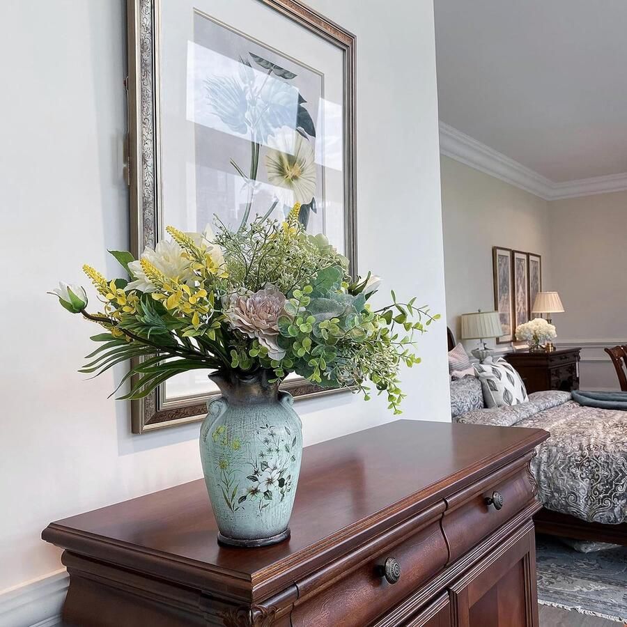 Kunstbloemen in vaas kunstbloemstuk decoratie voor thuis keuken woonkamer eetkamer salontafel centerpieces boerderij deco (groen)