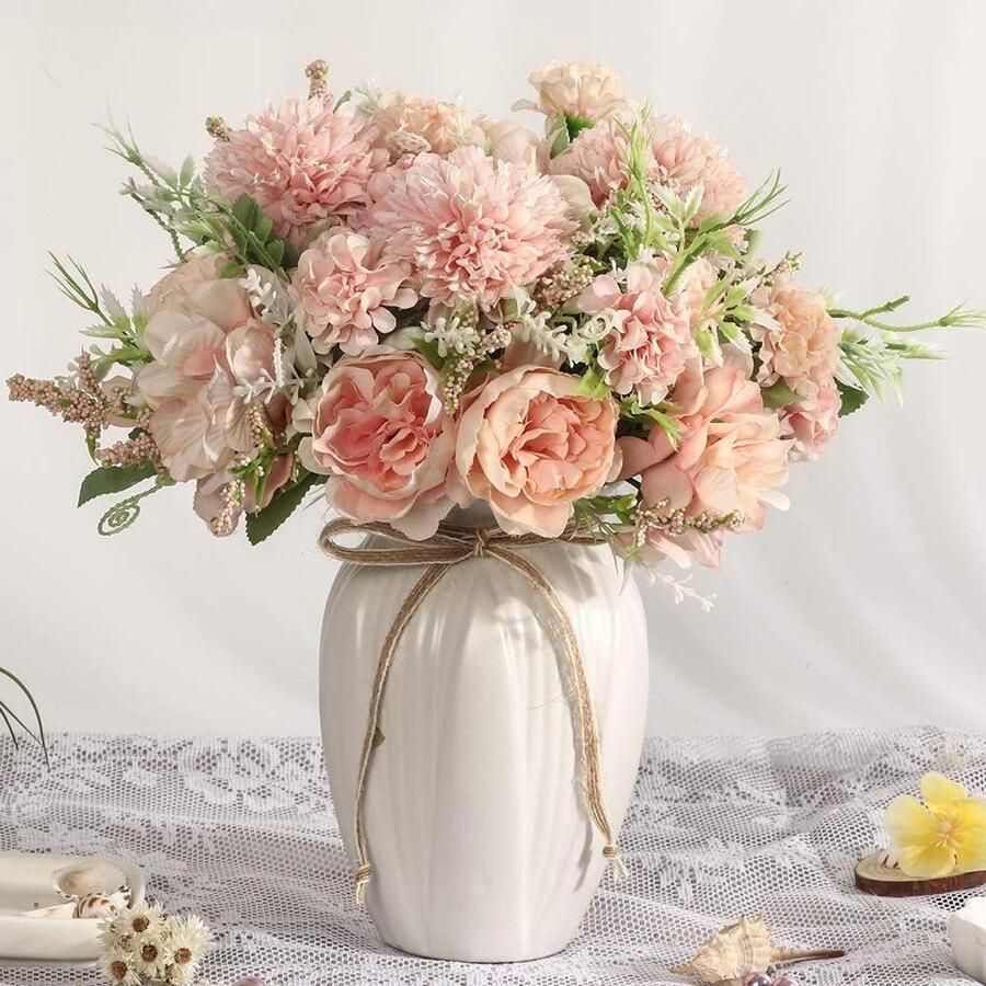 Kunstbloemen in vaas Nep hortensia zijde pioen Roze faux bloemen arrangement Decor tafel eetkamer