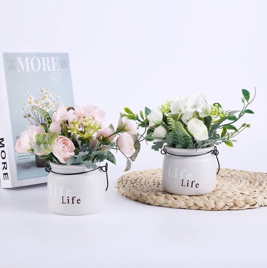 Kunstbloemen met keramiek Vaas 2 Pack Zijde Nep Bloemen in Potten Opknoping Muur Faux Bloemen Arrangement Decoraties Tafel Middelstukken voor Bruiloft Thuis Party