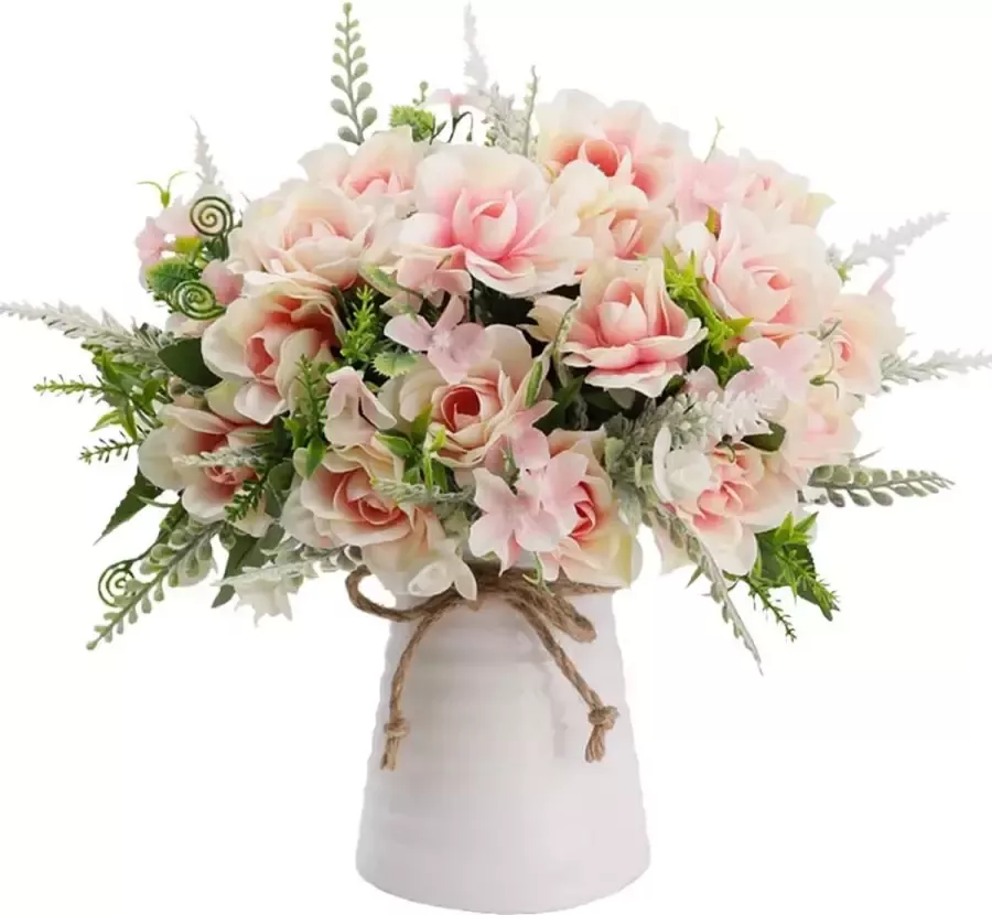 Kunstbloemen met vaas nep zijden bloemen in vaas Gardenia bloemen decoratie voor thuis tafel kantoor feest (roze)