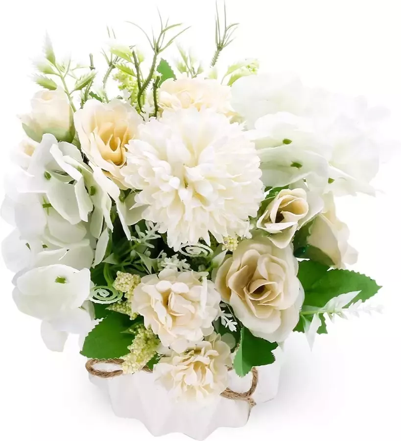 Kunstbloemen met vaas realistische hortensia rozen zijden bloemen arrangementen valse bloemen in pot voor huisdecoratie bruiloft tafel raam woonkamer slaapkamer kantoor partij deco (wit)