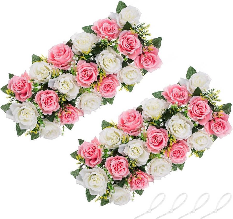 Kunstbloemen middelpunt voor tafels set van 2 roze en witte bloemen 50 cm lang nep-rozenarrangementen zijde-imitatie bloemen middelpunt voor bruiloft eettafel open haard decoraties