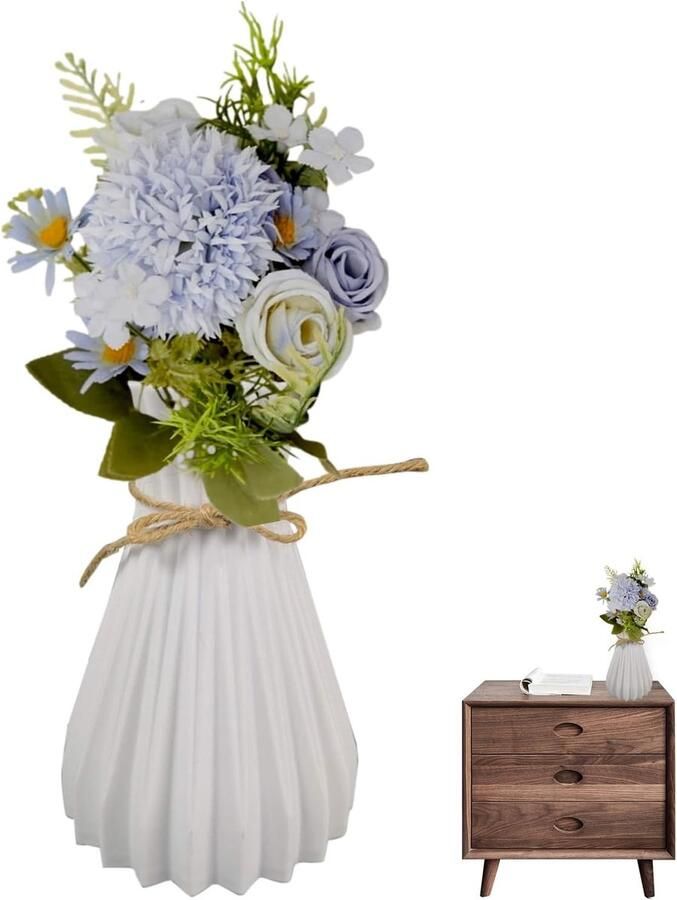 Kunstbloemen Nep Bloemen Zijden Rozenboeketten Decoratie met Keramische Vaas voor Tafel Thuis Kantoor Bruiloft (Rode Knop)