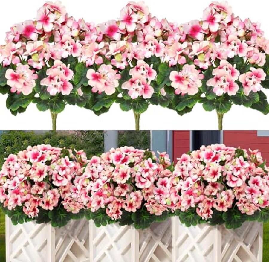 Kunstbloemen Voor Buiten UV-bestendige Geraniums 3 Bundels Kunstplanten voor Tuin Vaas en Tafel (Roze)