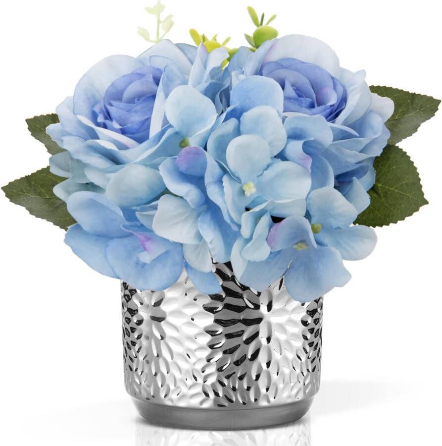 Kunstbloemen zijde in pot blauwe kunstroos zijde hortensia kunstbloemen met pot namaakbloemstukken in keramische pot realistische bloem zijde voor woonkamer kantoor decoratie tafel keuken