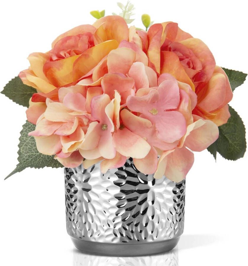 Kunstbloemen zijde in pot roze kunstroos zijde hortensia kunstbloemen met pot namaakbloemstukken in keramische pot realistische bloem zijde voor woonkamer kantoor decoratie tafel keuken