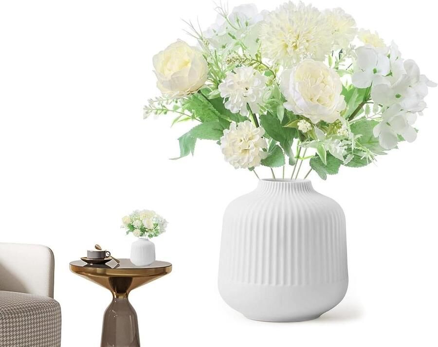 Allecto Plus Kunstbloemen Zijde Roos Boeket met Keramiek Vaas Rode Decoratie voor Tafel Thuiskantoor en Bruiloft