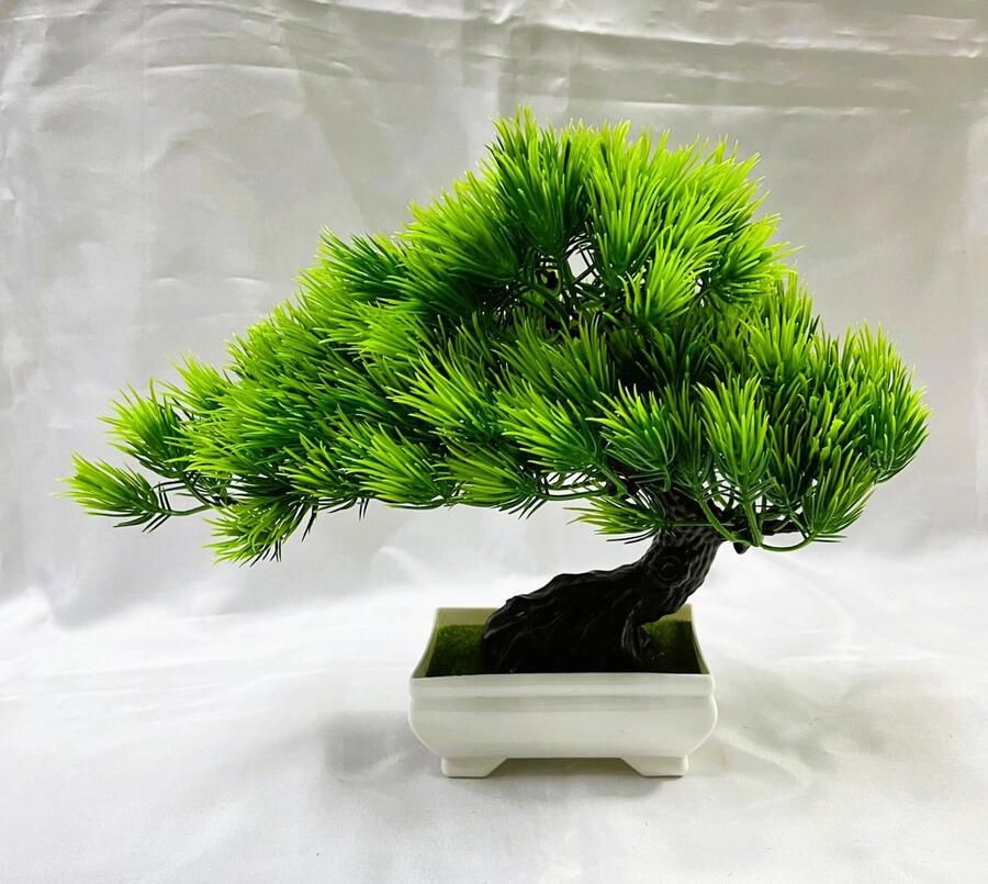 Kunstbonsai dennenboom 24cm – groen & levensecht – in een witte pot – Decoratieve Bonsai boom zoals de echte – Onderhoudsvriendelijke kunstplant voor in de woonkamer op kantoor op de plank of op tafel