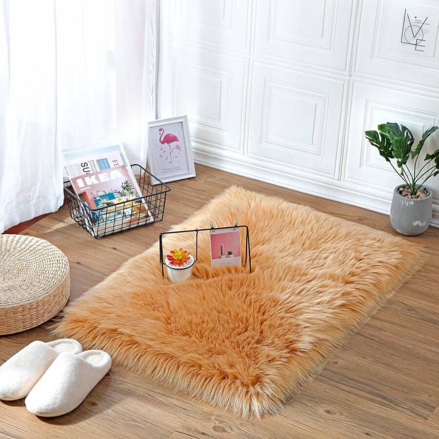 Kunstbont bonttapijt voor stoelen klein tapijt schapenvacht bedkleed slaapkamer lamsvacht wollige bankmat (bruin 60 x 90 cm)