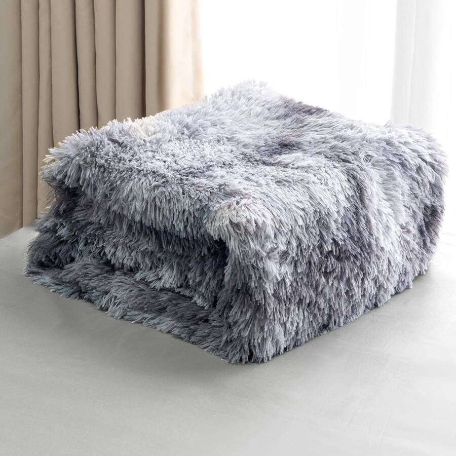 Kunstbont deken – grijswit Sherpa schapendeken – comfort luxe pluizige knuffeldeken – zachte deken voor bank en bed 130 cm x 160 cm