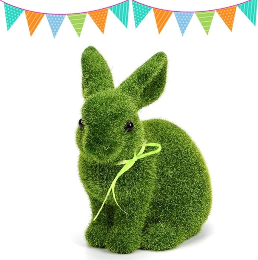 Kunstdecoratie paashaas Konijnfiguur met vacht en vlinderdas Groene paasdecoratie Decoratief diermodel voor tafel (75+ karakters)