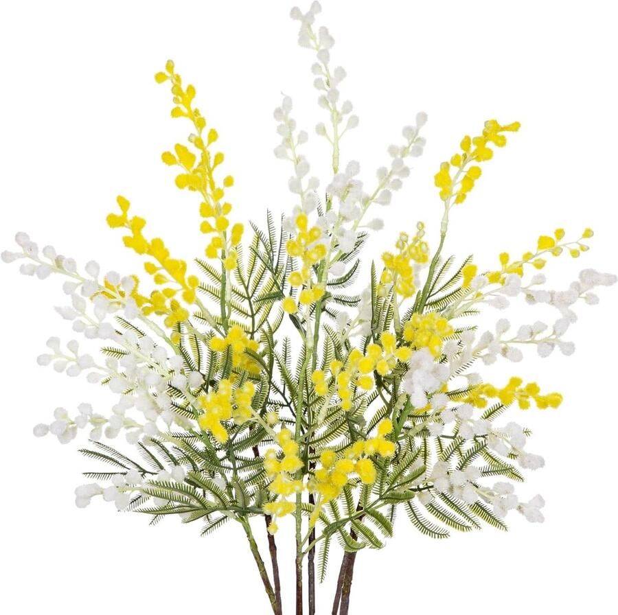Kunstgele Mimosa Spray Set van 6 Zijden Namaakbloemen voor Bruiloft en Woondecoratie Eettafel en Slaapkamer Decoratie Wit en Geel