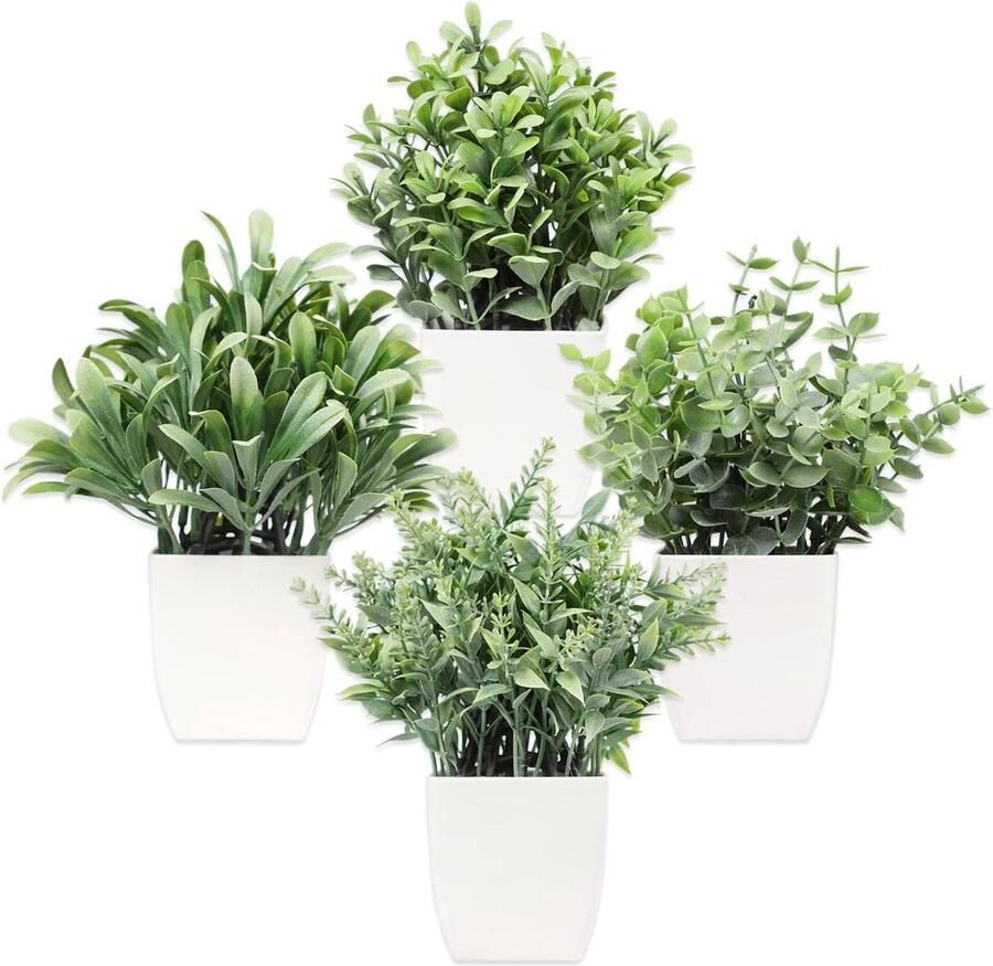 Kunstgroen potplanten Set van 4 kleine faux eucalyptusplanten Plastic kunstmatige groene planten voor binnen Tafel bureau plank kantoor keuken slaapkamer