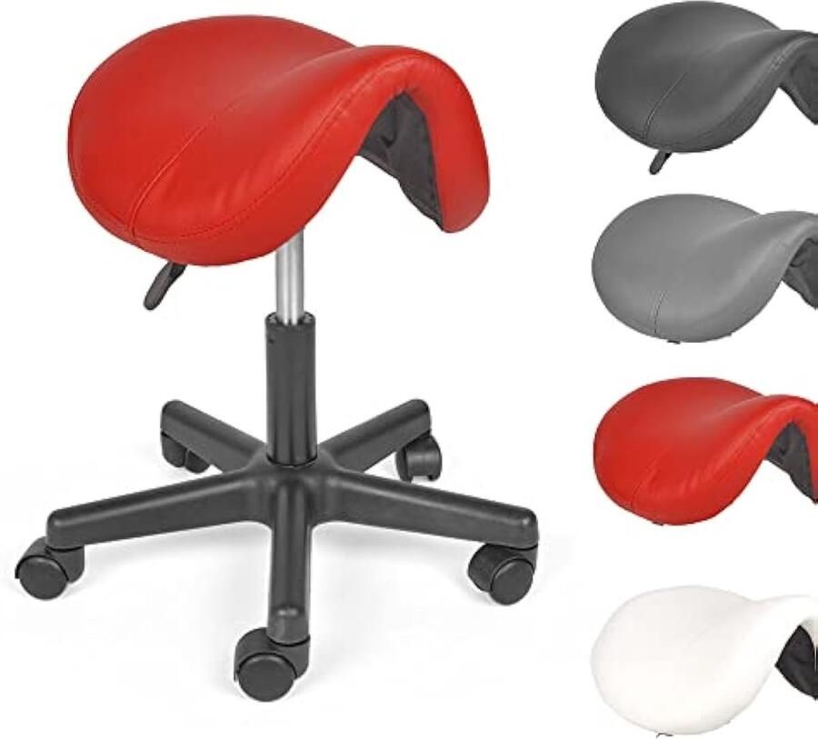 Kunstleer rolkruk zadelkruk zitkruk kruk met verstelbaar met wieltjes – 46 × 46 × 57 cm rood