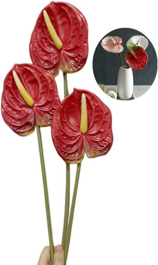 Kunstmatige Anthurium lelies permanente bloem 26 3 stuks tropische imitatie planten boeketten voor tafel centerpieces en bruids bruiloft festival decoratie bloem (rood)