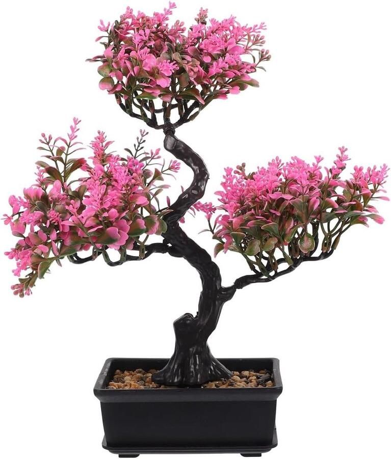 Allecto Plus Kunstmatige bonsai-plant levende muur kunstbonsai voor binnen en buiten roze plastic decoratieve boomkit op bureau met 2 zoekwoorden