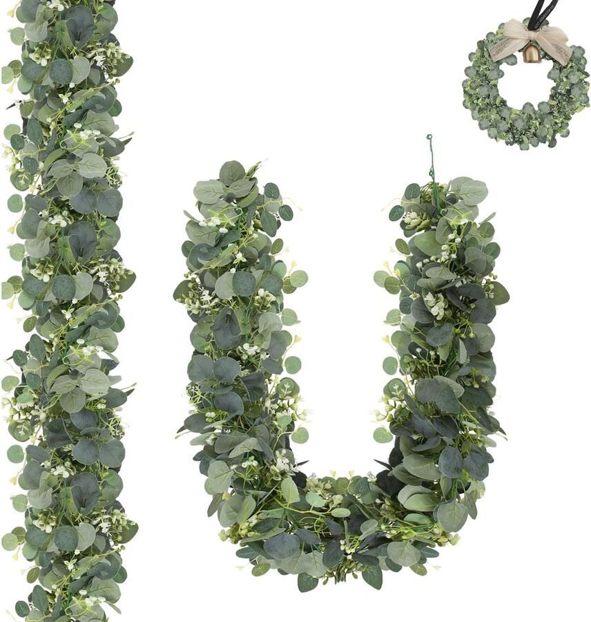 Kunstmatige eucalyptus slingers 1 8 m 2 stuks hangende groene bladeren decoratie met witte bloemen met wilgenbladeren kunstmatige slinger plant voor bruiloften feesten eettafels schouwen trappen