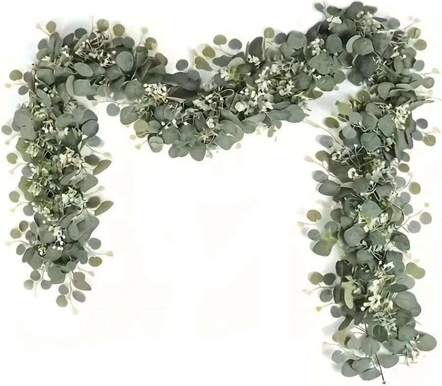 Kunstmatige eucalyptuskrans 180 cm eucalyptuskrans eucalyptusplantenkransen wilgenbladeren groene bladeren witte bloemen eucalyptusdecoratie voor bruiloften feesten eettafels schouwen deurkozijnen