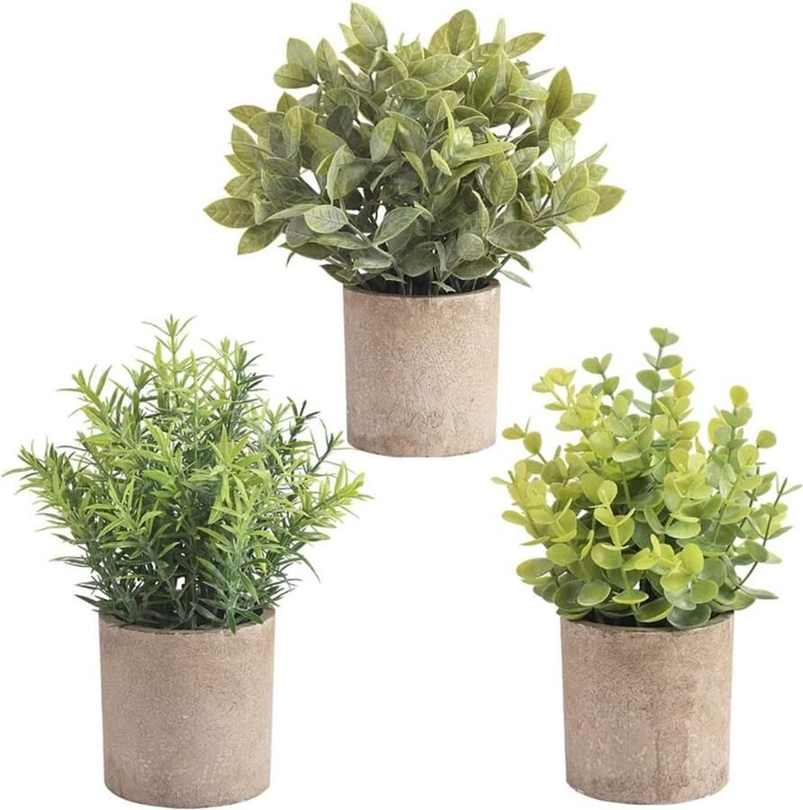 Kunstmatige Mini Eucalyptus 3 Packs Kunstmatige Plastic Plant met Pot voor Thuis Bureau Decoratie