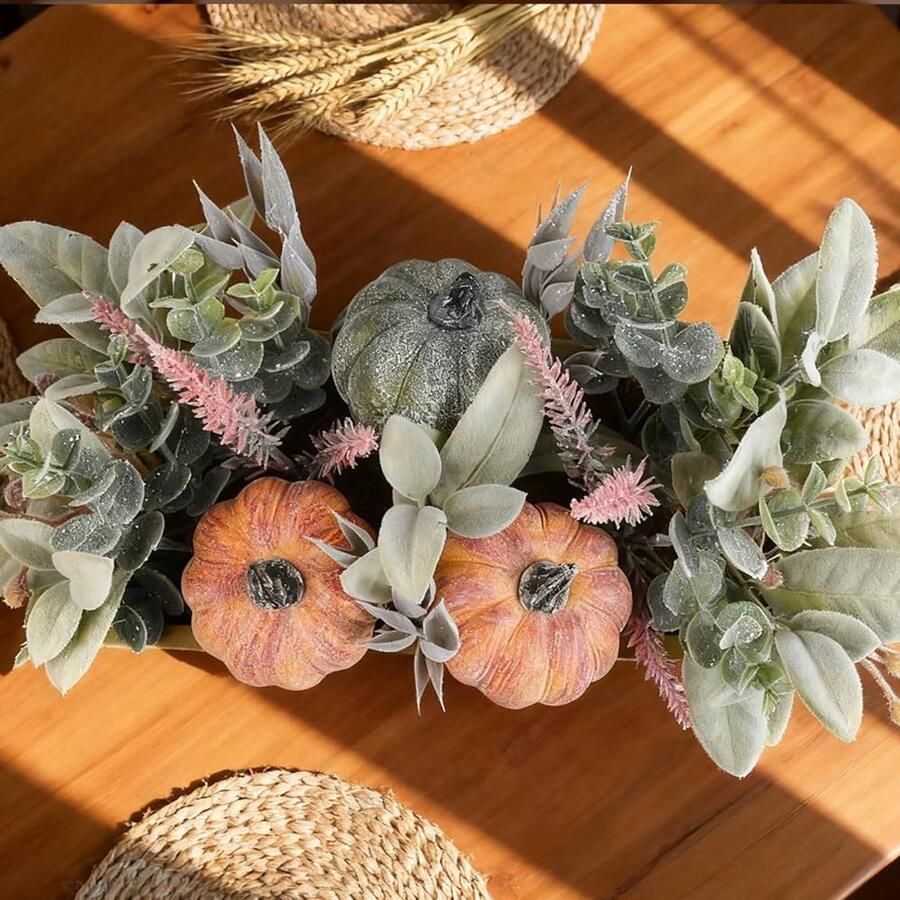 Kunstmatige Pompoen in Houten Doos Herfst Tafel Middenstuk Oranje Hars