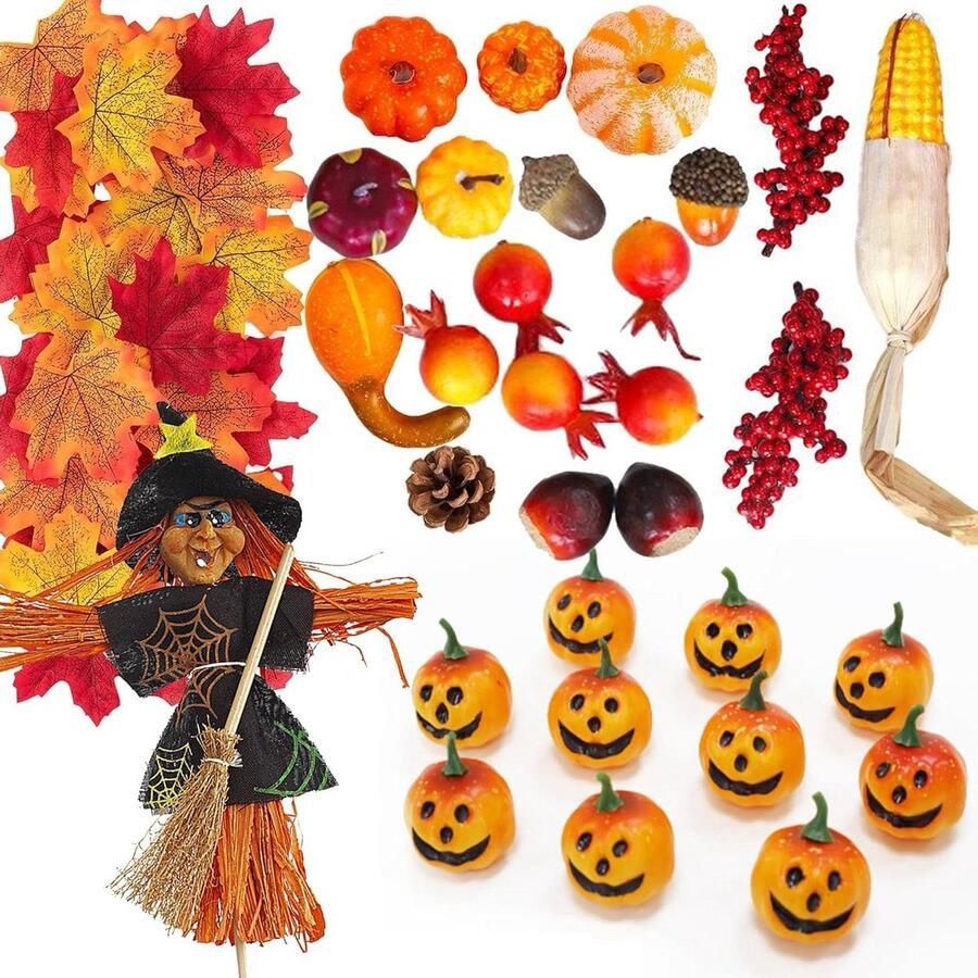 Kunstmatige Pompoenen Herfst Decoratie Set 60 Stuks Halloween Nep Mini Pompoen Esdoorn Bladeren Eiken Pinecones voor Thuis Tafel Decor Herfst Decoratie Thanksgiving Halloween Kerstfeest Decor Washing Machine