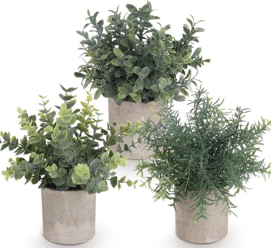 Kunstmatige Potplantilauke Set van 3 Mini Artificiële Pot Planten Kunstplanten Plastic Eucalyptus Planten Faux Rozemarijn Planten Thuis Tuin Bureau Douche Kamer Decor Binnen & Buiten Huis Decor