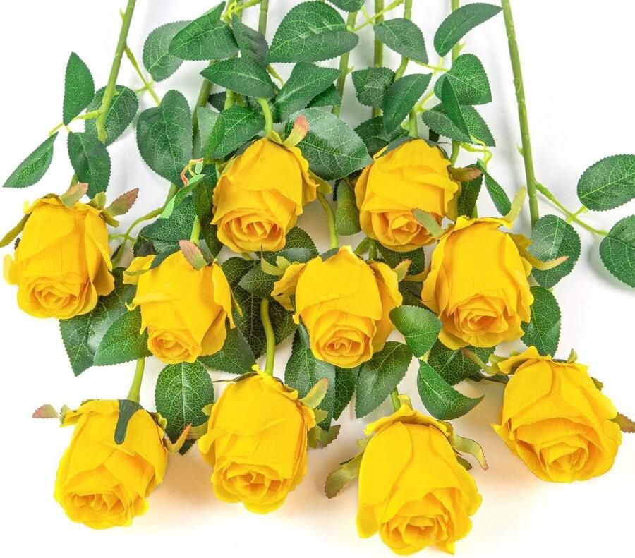 Kunstmatige roos bloemen lange steel nep zijden rozen doe-het-zelf bruiloft boeket tafel middenstuk woondecoratie 10 stuks geel
