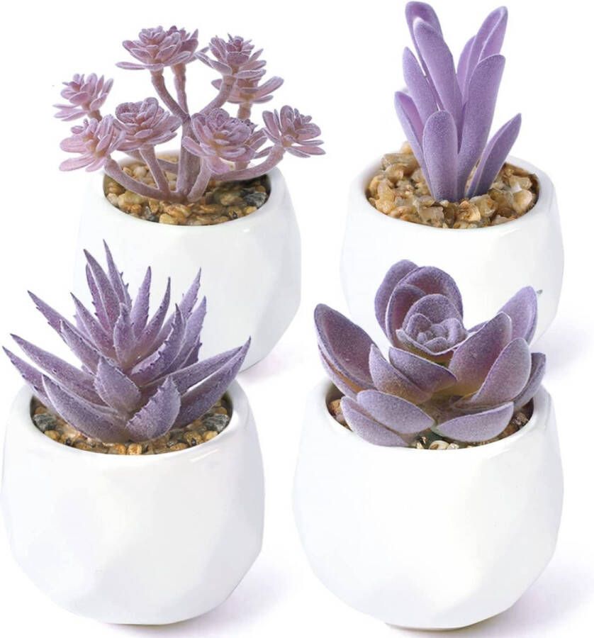 Kunstmatige Vet Planten Set van 4 Decoratieve Kunstmatige Vetplanten in Potten Faux Planten in Witte Keramische Potted Kleine Valplanten voor Binnen Buiten Valplanten voor Bureau Slaapkamer Kantoor Badkamer Keuken Paars