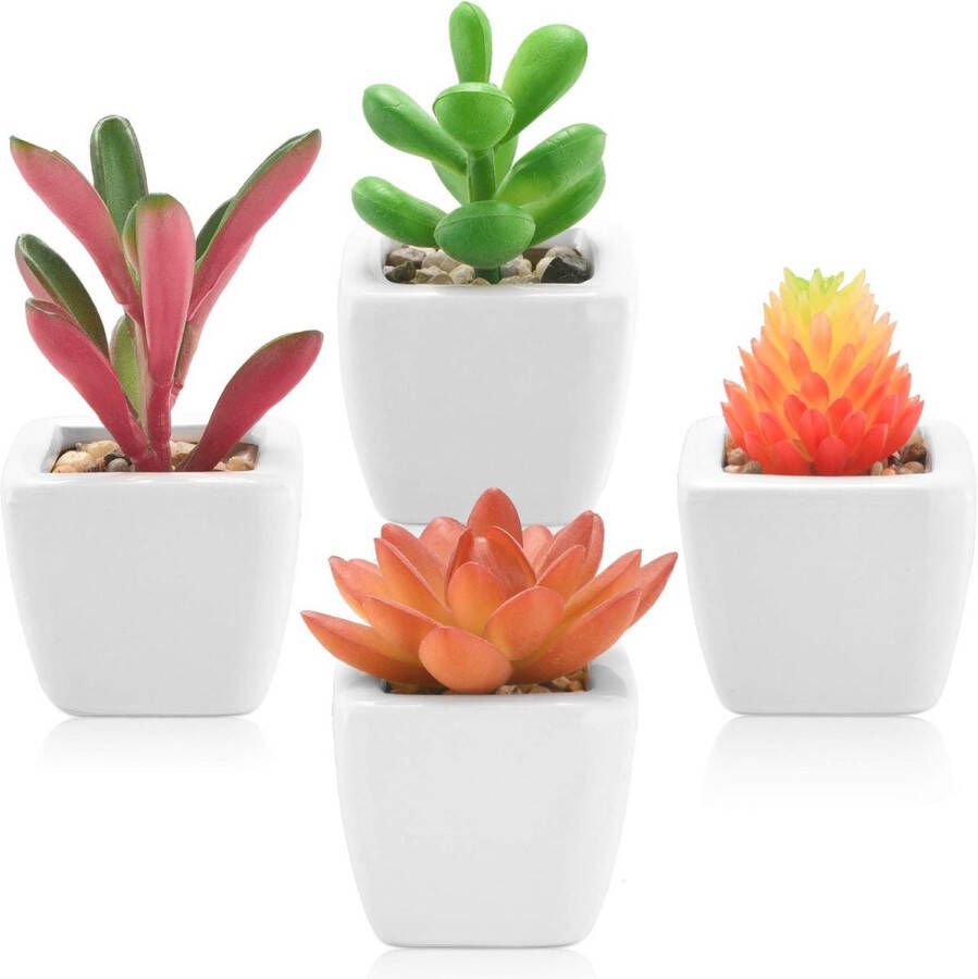 Kunstmatige vetplanten Miniplanten Klein in keramische potten voor thuis Keuken Bureau Plankdecoratie Set van 4 (groene en rood-witte keramische potten)