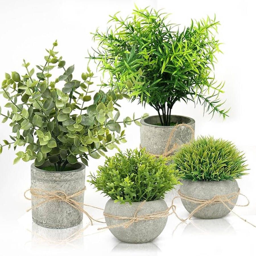 Kunstplant 4 stuks mini-kunstplanten groene kunststof voor binnen en buiten geschikt voor balkon badkamer kamer woonkamer bureau badkamer decoratie