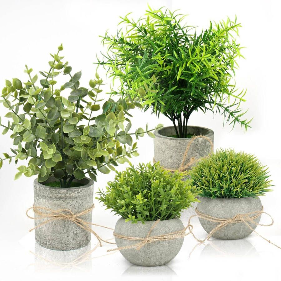 Kunstplant 4 stuks mini-kunstplanten groene kunststof voor binnen en buiten geschikt voor balkon badkamer kamer woonkamer bureau badkamer decoratie