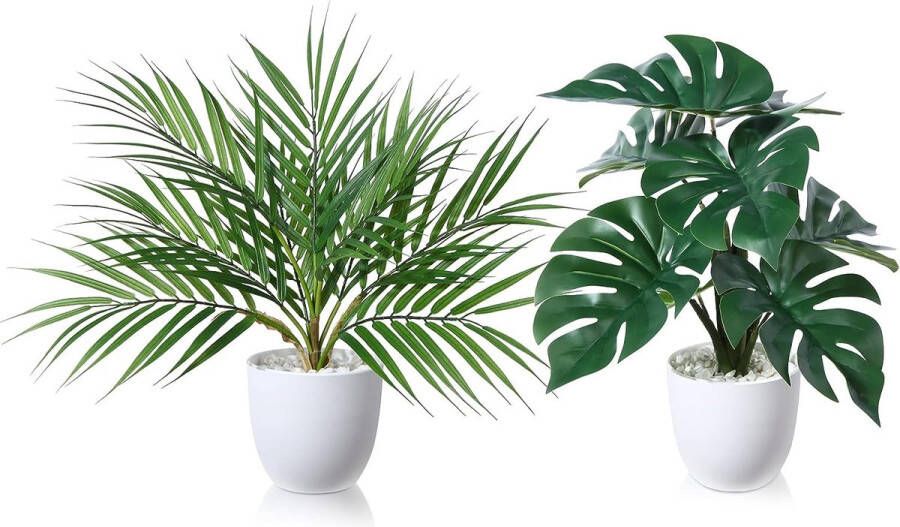 Kunstplant 40 cm areca palm tropische monstera kunstplanten in pot voor indoor decoratie thuis bureau badkamer slaapkamer woonkamer decoratie (2 stuks)