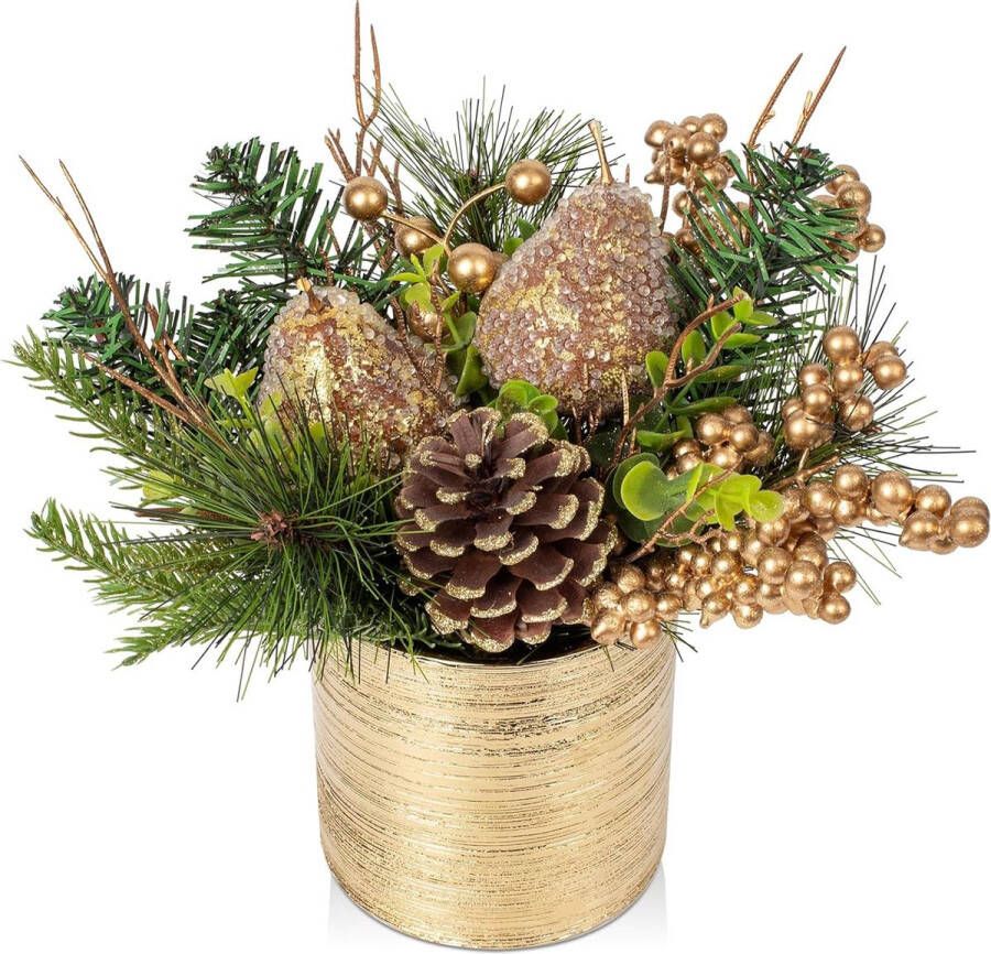 kunstplant in pot kerstdecoratie met peer en dennenappels voor kerstdecoratie wooncultuur keuken eettafel decoratieve plant kamerplant tafeldecoratie