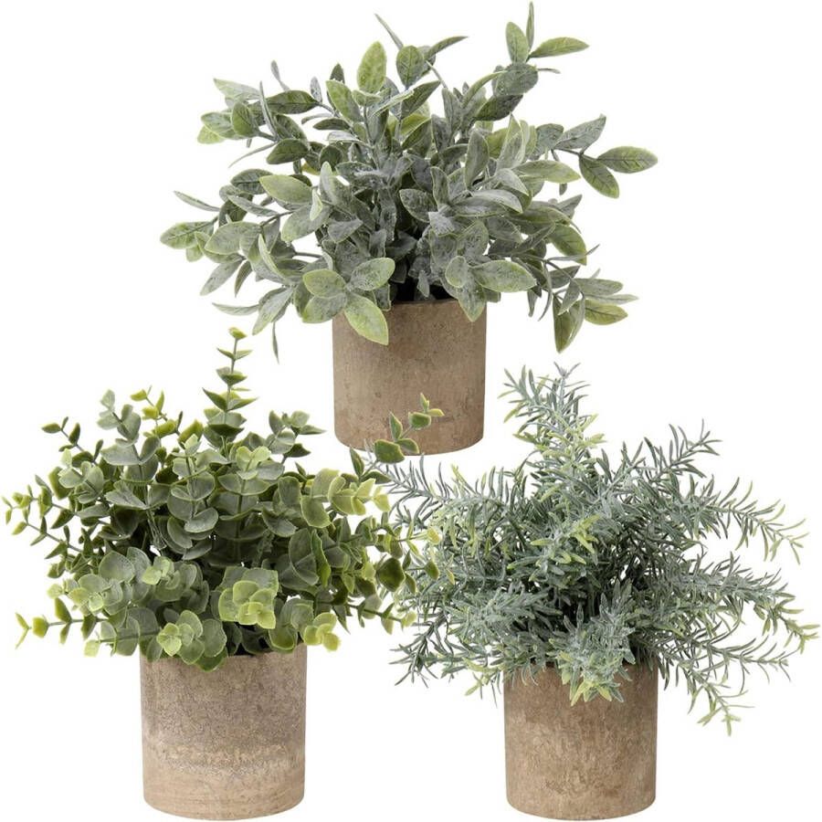 Kunstplant mini kunst gewone plant eucalyptus rozemarijn kruiden in pot decoratie badkamer bureau keuken tuin decoratie set van 3