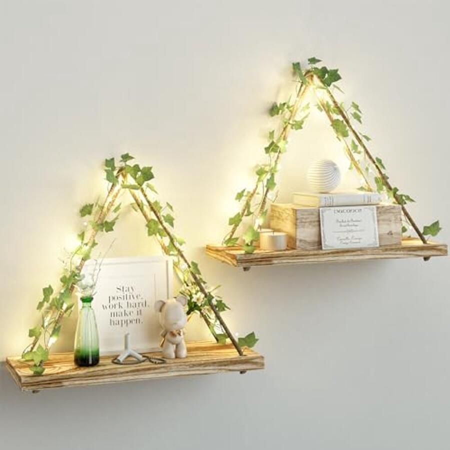 Kunstplant Wandplanken met LED Strip Set van 2 Macramé Hangplanken voor Kamerdecoratie