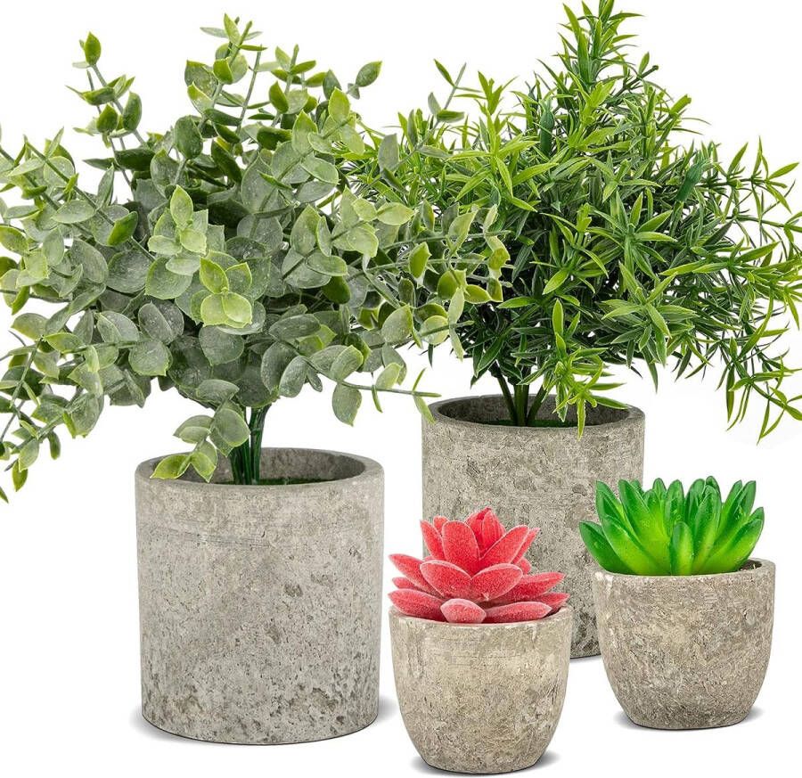 Kunstplanten 4 stuks mini-art plants artificial eucalyptus rozemarijn vetplanten met pot bureau keuken badkamer tuindecoratie