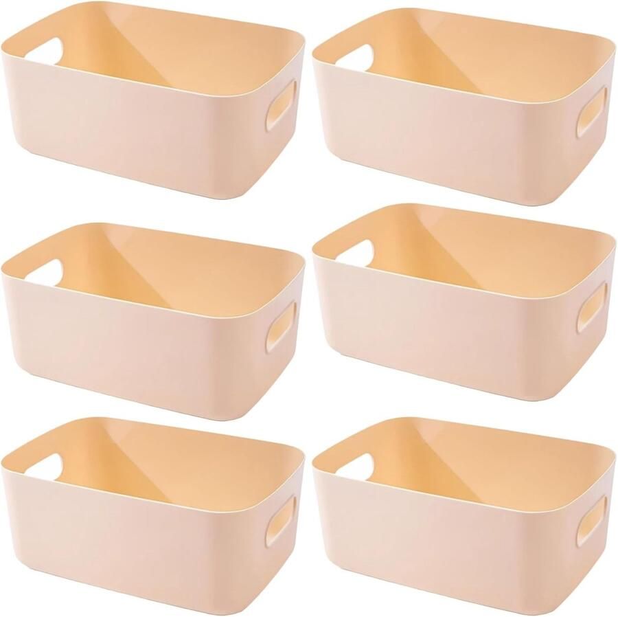 Kunststof Opbergdozen met Handgrepen Organizer voor Keuken Badkamer en Kast (Beige 30×20×12 cm 6 Stuks)