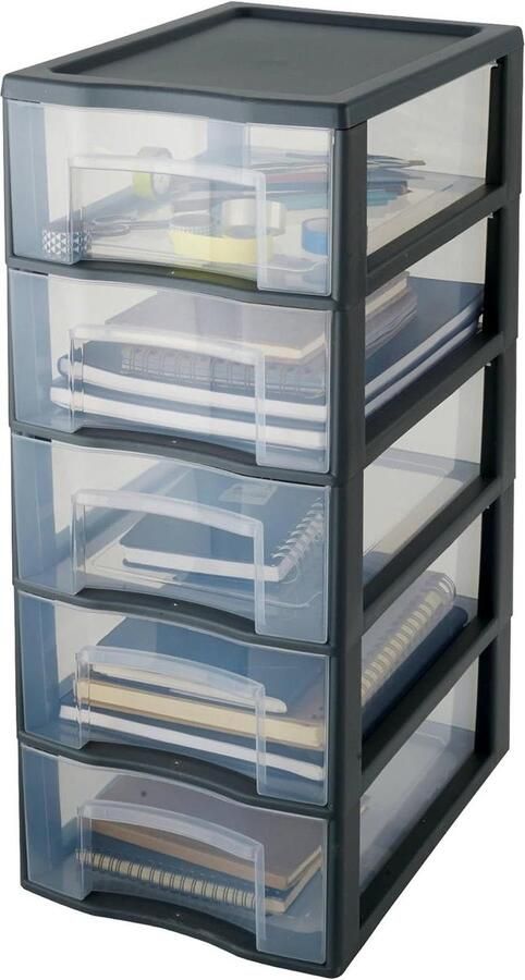 Kunststof opbergtoren grijs 5 transparante laden A4 papierformaat hoogte 61 cm ideaal voor kantooropslag cursussen documenten benodigdheden Tag Tower