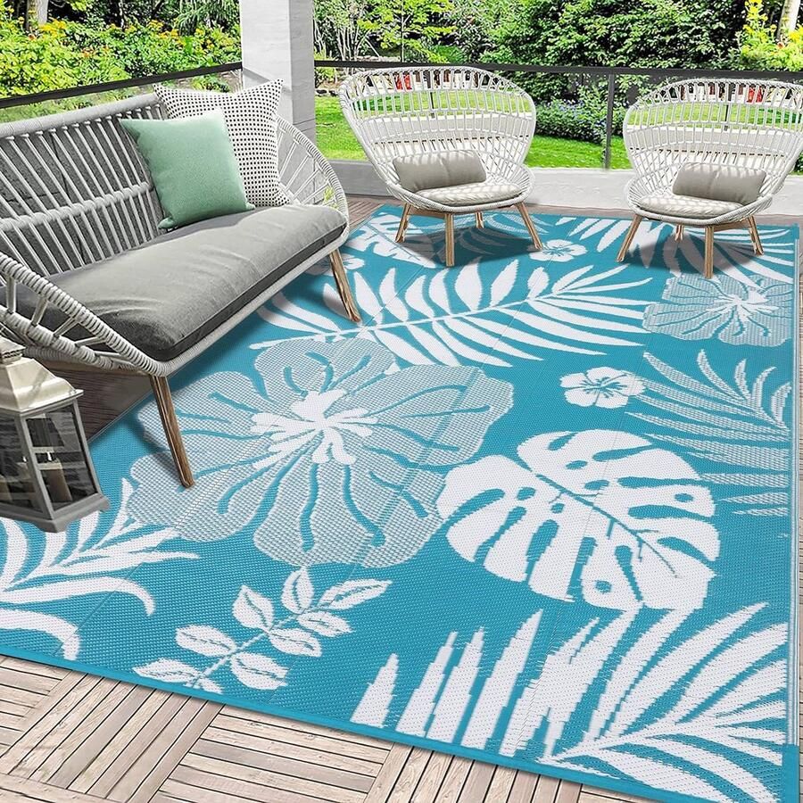 Kunststof outdoor tapijt turquoise weerbestendig 150 x 240 cm omkeerbare matten uv-bestendig outdoor tapijt gerecyclede campingmat patio tapijt voor balkon strand BBQ picknick dek