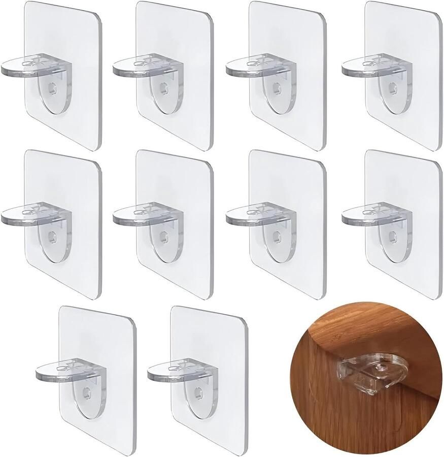 Kunststof plankdragers zelfklevende plankdragers voor garderobekastplank glazen houder -planken transparant -10 Stuks 7x7cm Zelfklevende Kastplankdrager Dragers voor planken Schap drager Legplankdrager Schap drager