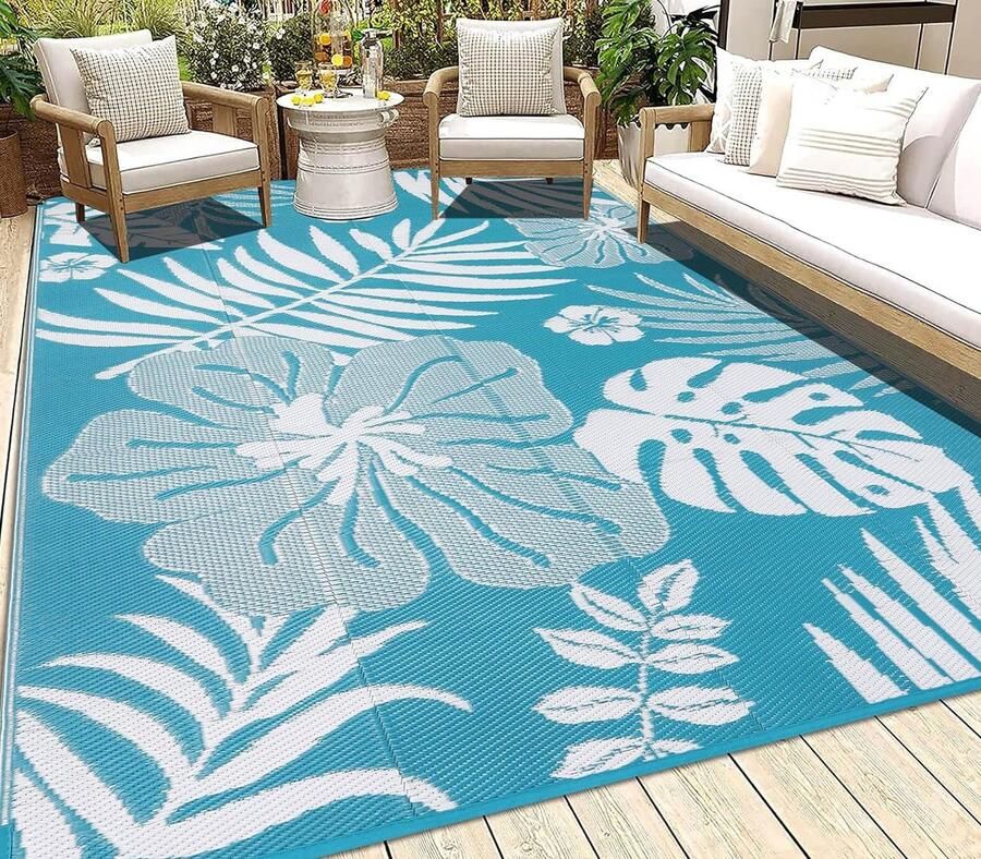 Kunststof riet outdoor tapijt turquoise weerbestendig 180 x 270 cm omkeerbare mat uv-bestendig gerecyclede campingmat patio tapijt voor balkon strand BBQ picknick dek
