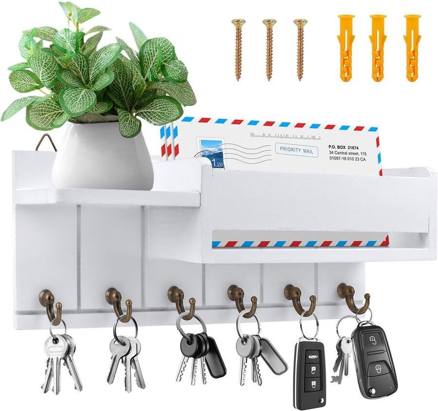 KUOFANY sleutelrek met plankje witte houten sleutelrek decoratieve houten wandplank met 6 sleutelhaken sleutelrek voor entree hal slaapkamer woonkamer kinderkledingkast met plankje