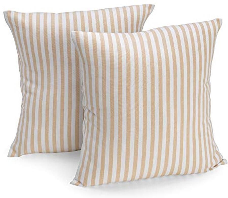 Kussenhoes 40 x 40 cm set van 2 Beige Wit gestreept 100% Katoen voor Bank en Tuin