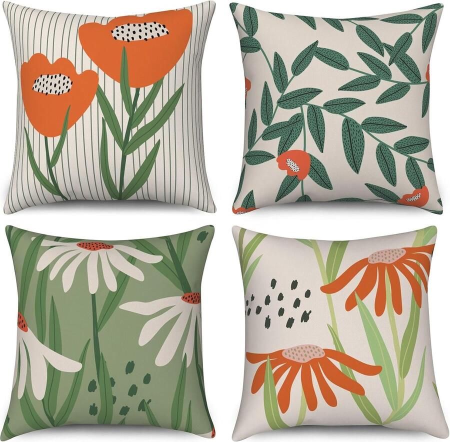 Luvetrex Kussenhoes 40 x 40 cm Set van 4 Boho Oranje Bloemen Bladeren Groen Beige Bank Decoratieve Kussenhoezen Wasbaar Polyester Vlas Textiel Outdoor Kussensloop Kussenhoes
