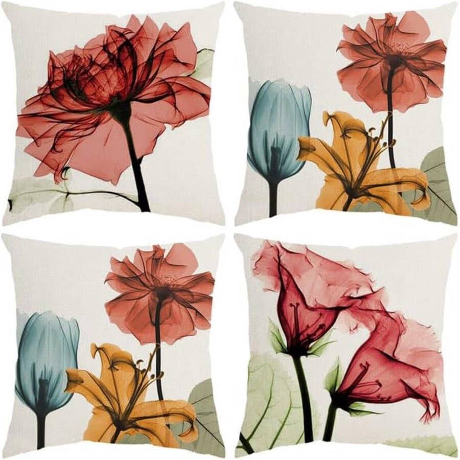 Kussenhoes 45 x 45 cm bloemenkussenhoezen linnen kussenhoes decoratief kussen bankkussen voor fauteuil bed tuin buitenkussen set van 4