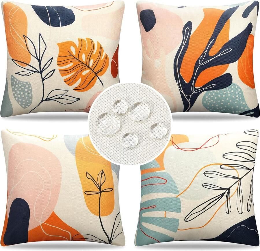 Kussenhoes 45 x 45 cm set van 4 boho abstract bladeren outdoor kussen bankkussen sierkussen kussenhoes lente zomer waterdicht linnen kussenslopen voor bank slaapkamer woonkamer