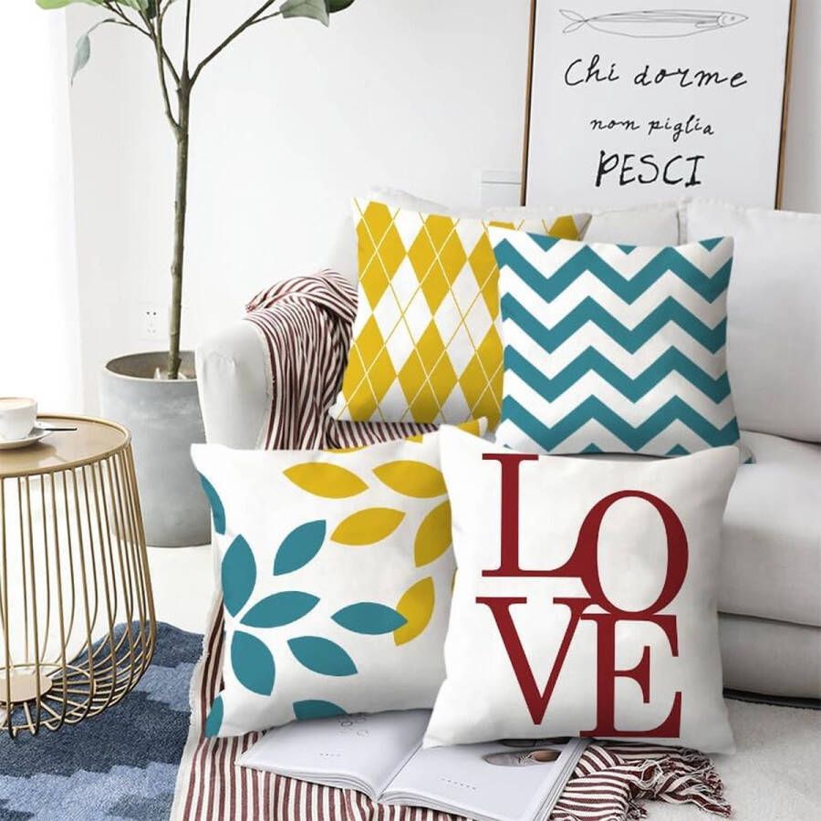 Kussenhoes 45 x 45 cm set van 4 decoratieve kussenhoezen moderne geometrie voor buitenterras tuin woonkamer bank boerderijdecoratie (moderne geometrie)