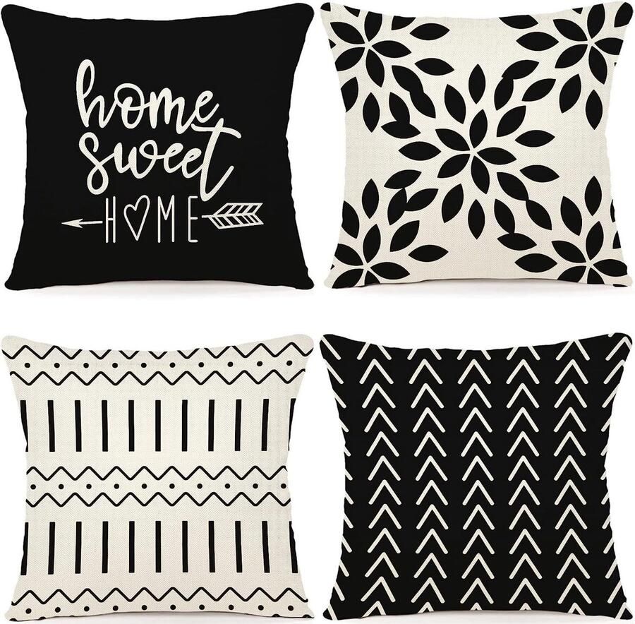 Kussenhoes 45 x 45 cm set van 4 decoratieve kussenhoezen voor buiten decoratief linnen kussen voor slaapkamer bank stoel bed tuin (alleen kussensloop) - Foto 5