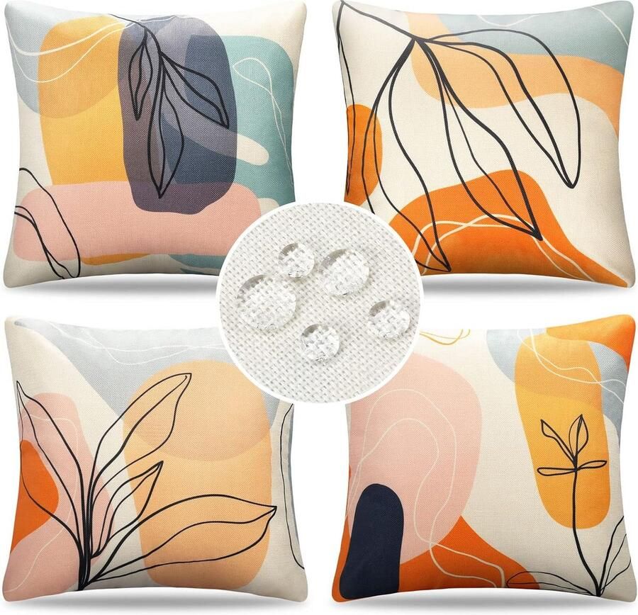 Kussenhoes 45 x 45 cm voor buiten bankkussen sierkussen kussenhoezen boho abstract bladeren lente zomer waterdicht linnen kussenhoes voor bank bed auto tuin terras blench set